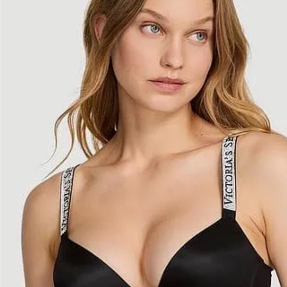 Victoria's Secret Black Satin Bra with Logo Straps